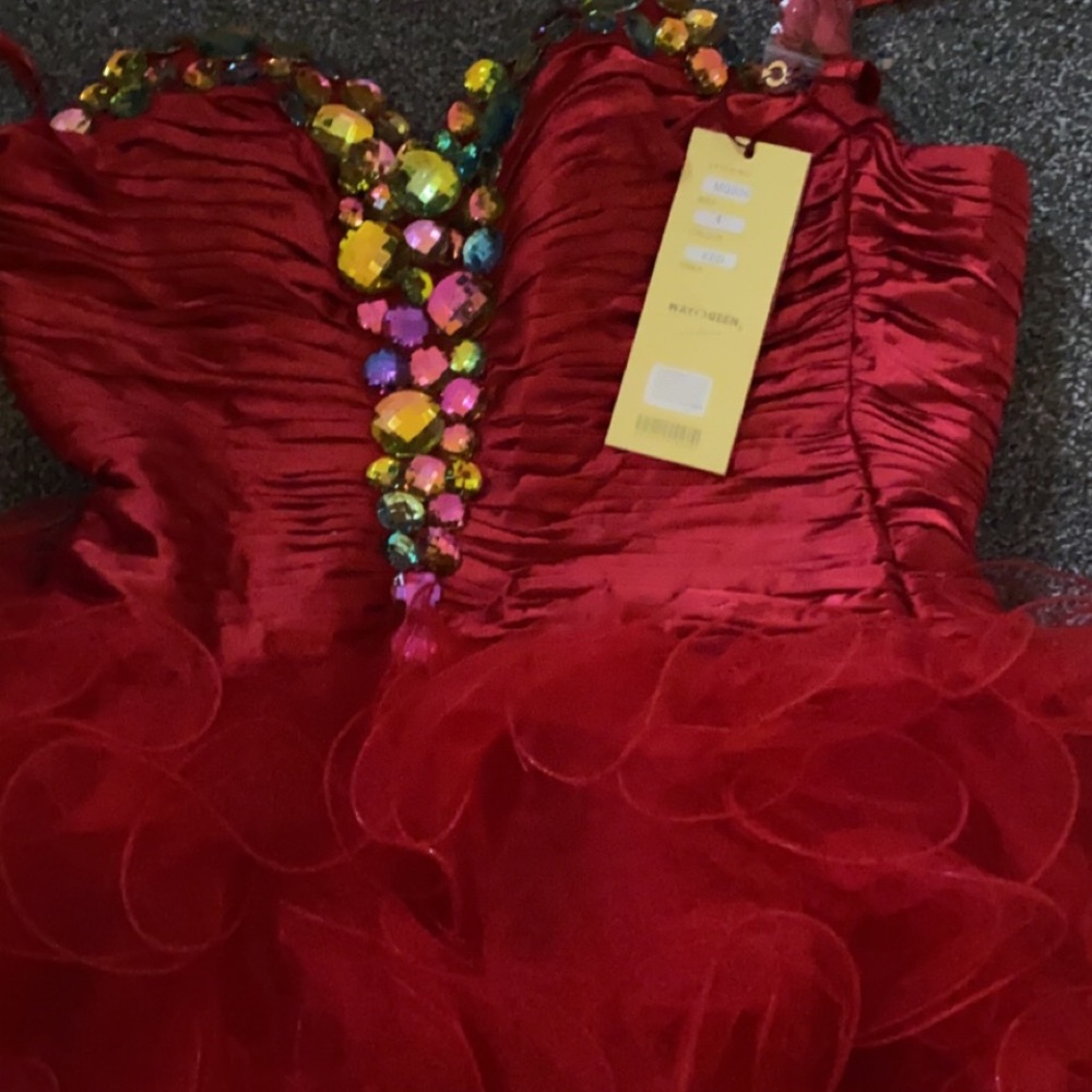 Red  Rhinestone Ruffle strapless dress - Picture 5 of 5
